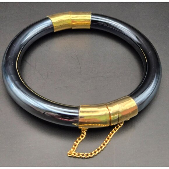 Vintage Black Glass and Goldtone Hinged Bangle Bracelet Chinese Export - Picture 1 of 9